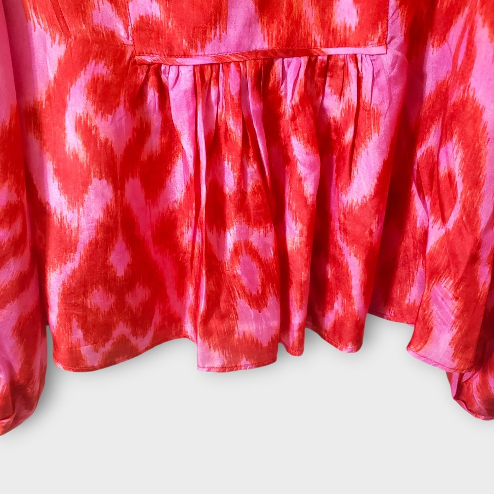 Maria Cher Loose Fit 100% Silk Blouse Pink Red Ikat Print Bishop Sleeve Large - Picture 3 of 11
